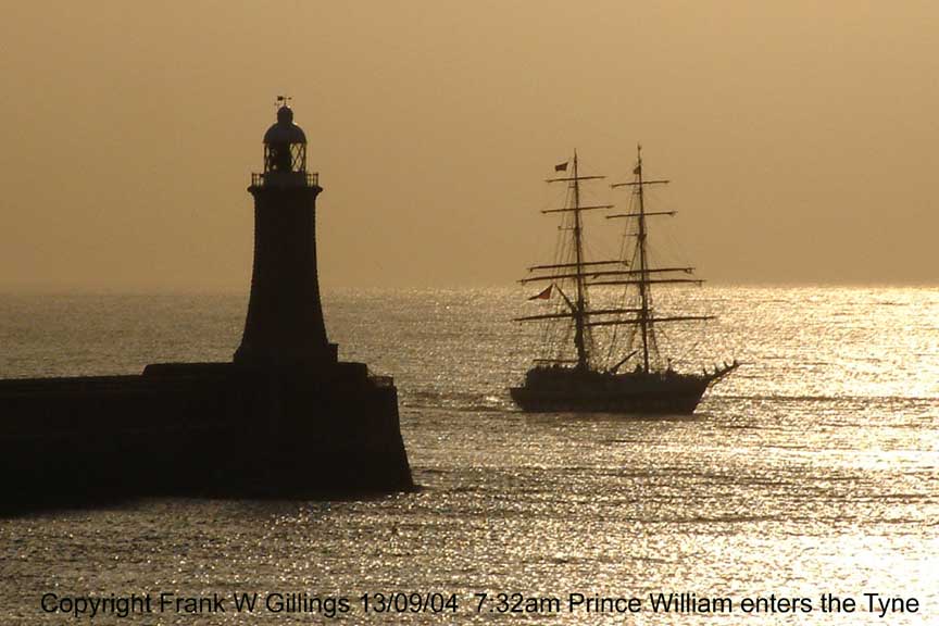 The 195ft square rigger, Prince William entering the mouth of the River Tyne. 13 Sept 2004 7:32am